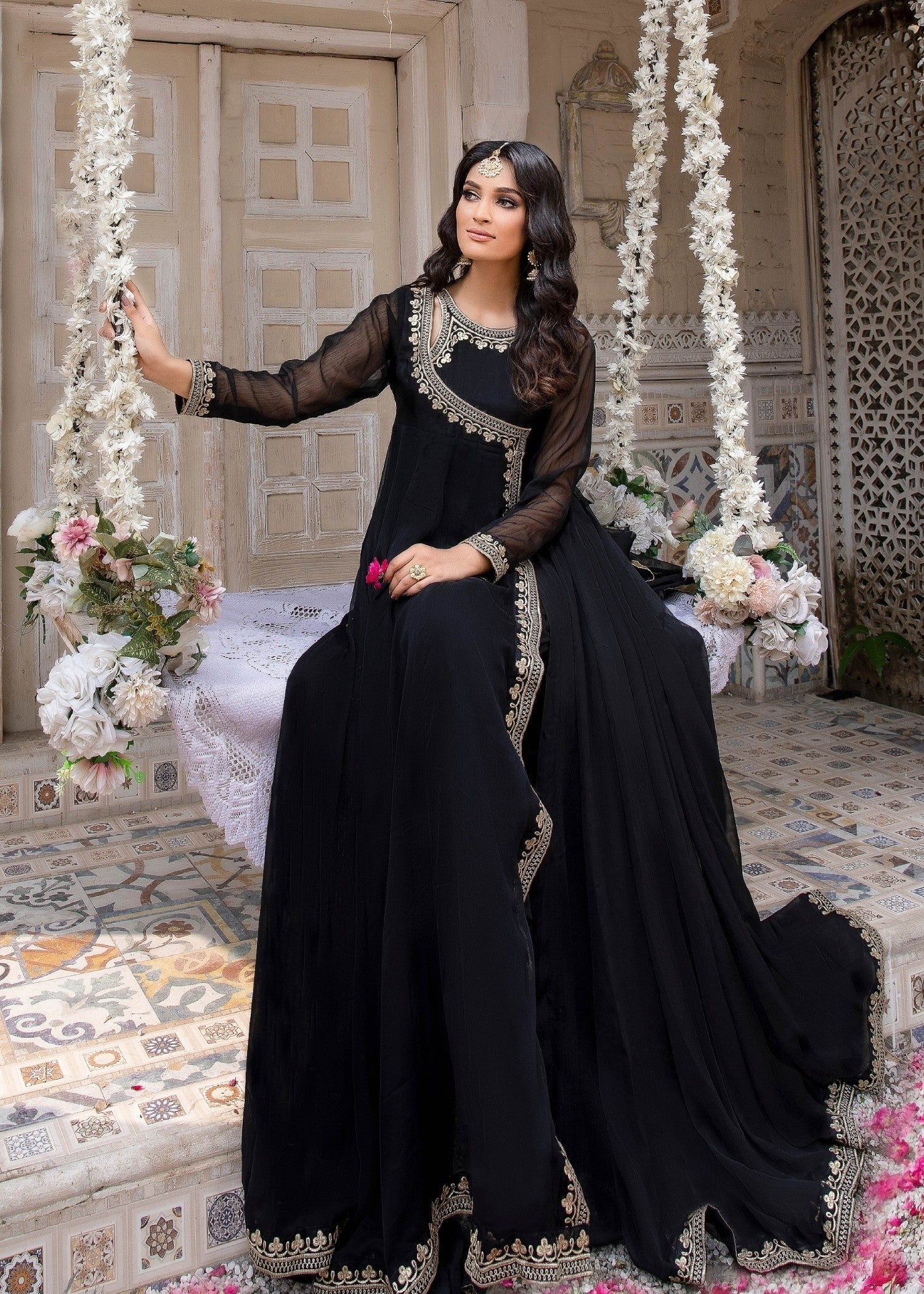 Chiffon Black Angrakha Pishwas Gharara Online in Sri Lanka India Australia