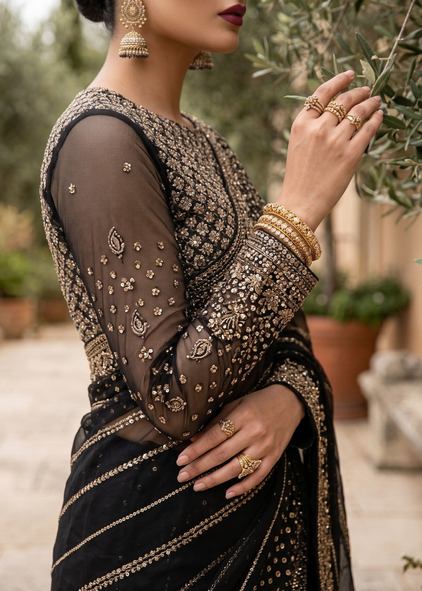 Chiffon Black Embroidered Saree for Festive Wear Online in KSA Riyadh Saudi Arabia Oman Bahrain Qatar