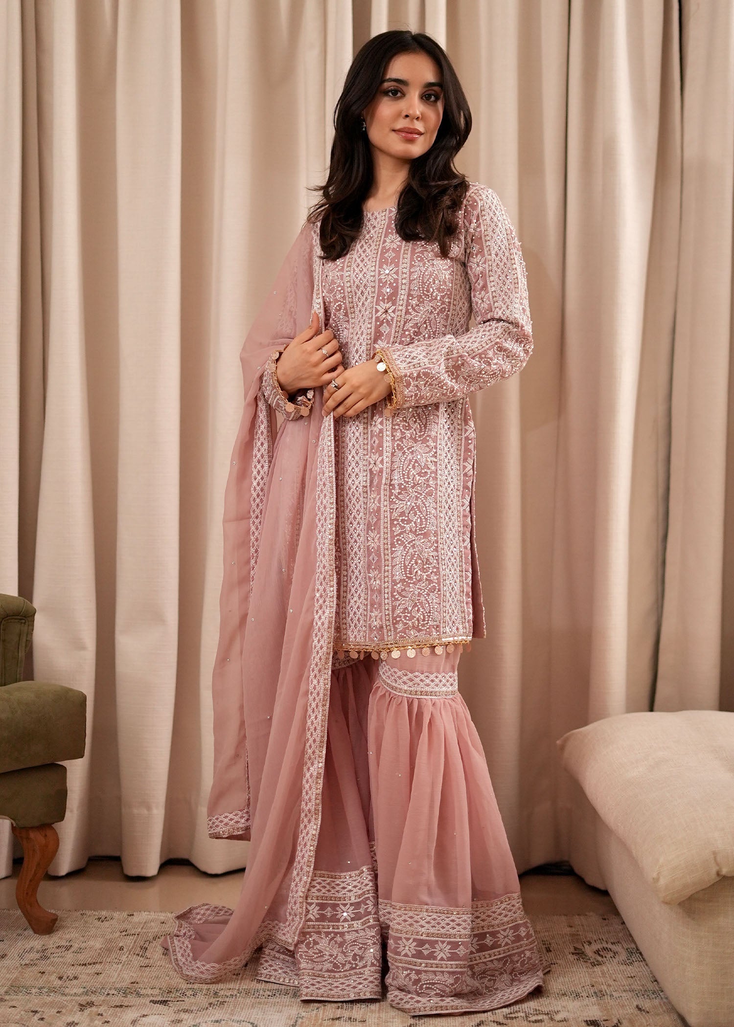 Chiffon Blush Pink Pakistani Suit with Dupatta Online in Sri Lanka India Australia