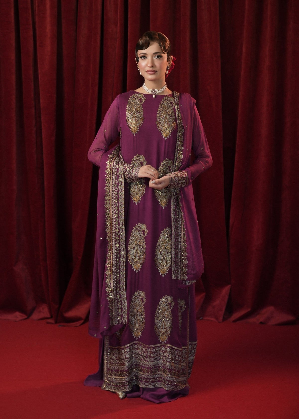 Deep Plum Georgette Chiffon Pakistani Suit with Antique Gold Embroidery Online in KSA Riyadh Saudi Arabia Oman Bahrain Qatar