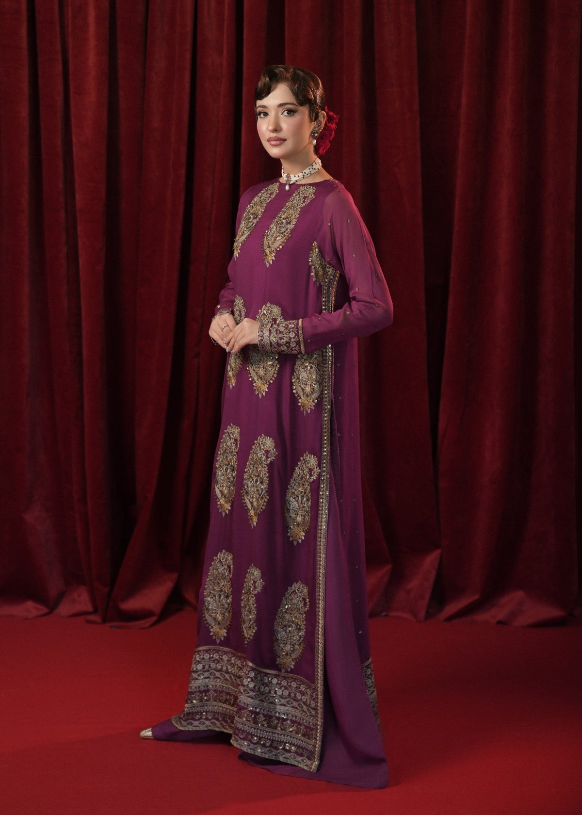 Ladies Purple Embroidered Georgette Chiffon Festive Suit Online in UK USA Canada