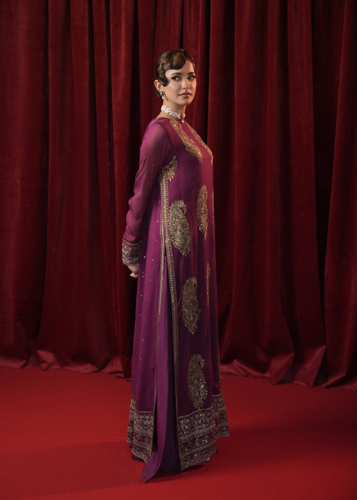 Ladies Purple Embroidered Sharara Gharara Online in UK USA Canada