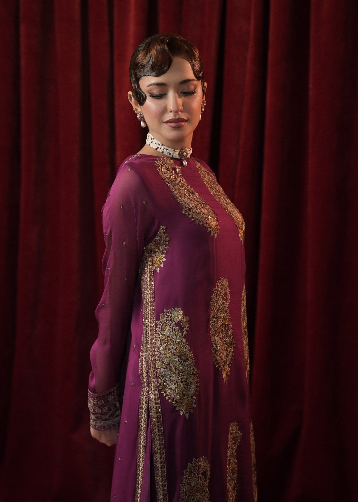 Purple Georgette Chiffon Pakistani Clothes for Mehndi Online in Dubai DXB UAE Abudhabi Meena Bazaar
