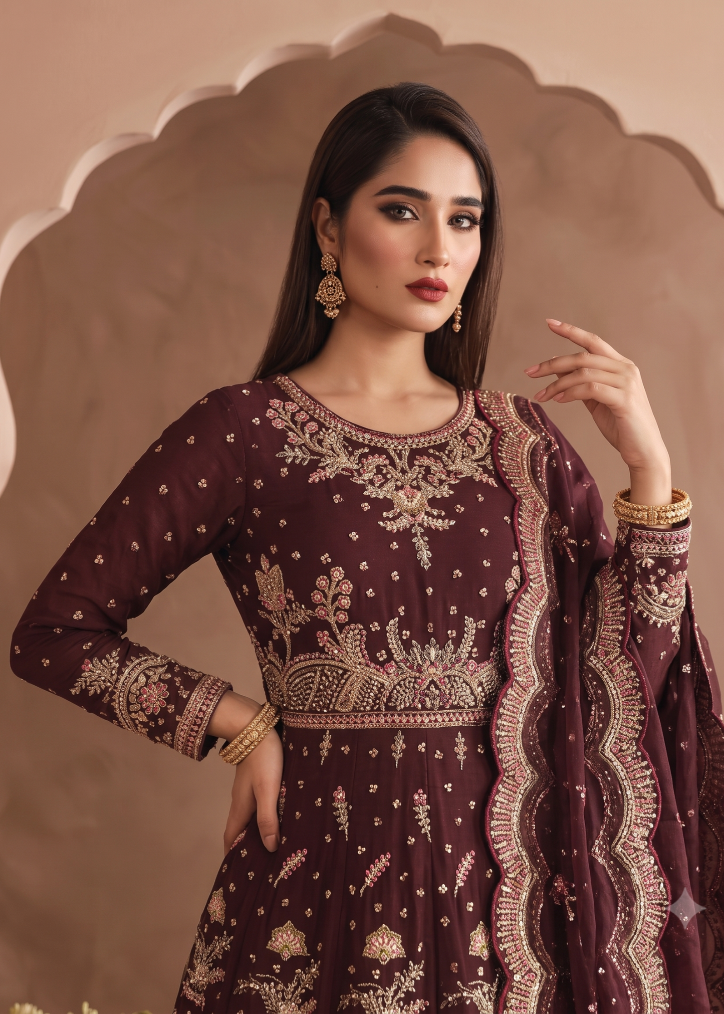 Chiffon Brown Maxi Dress with Dupatta Online in Sri Lanka India Australia