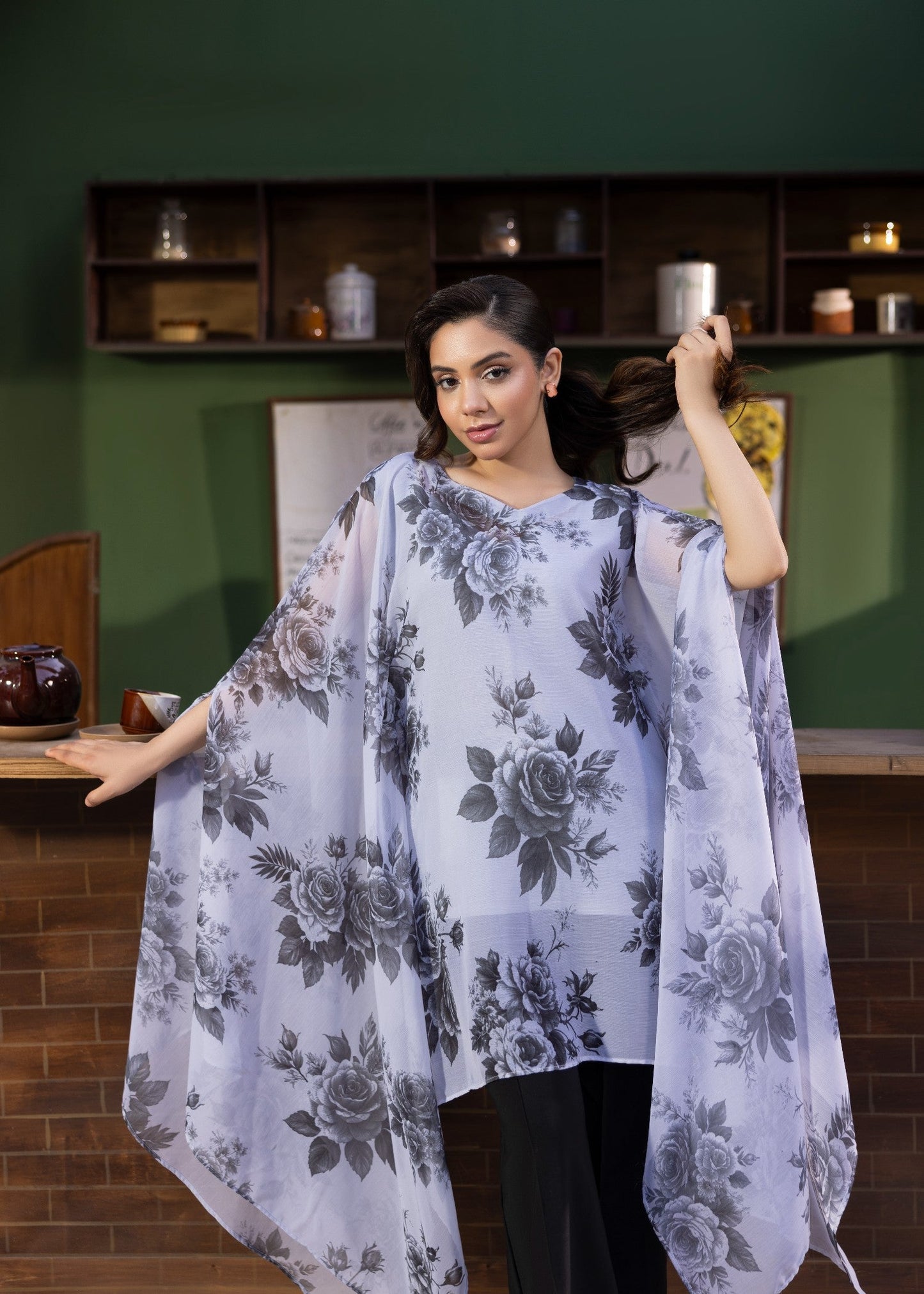 Chiffon Cape Style Kaftan Ice Blue Color Online in Dubai UAE Abudhabi Ajman Sharjah