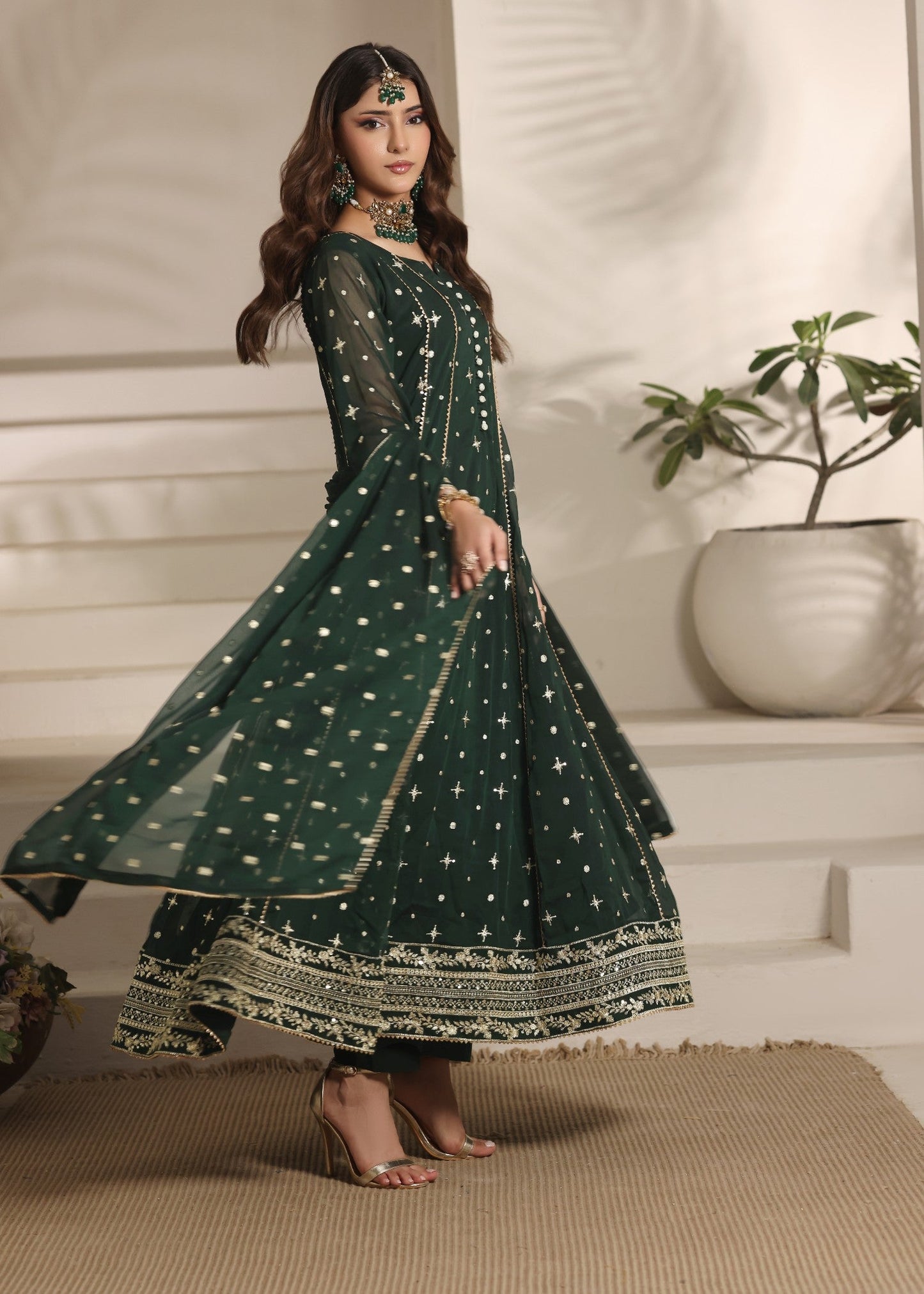 Chiffon Dark Green Embroidered Festive Suit Online in Dubai UAE Abudhabi Ajman Sharjah