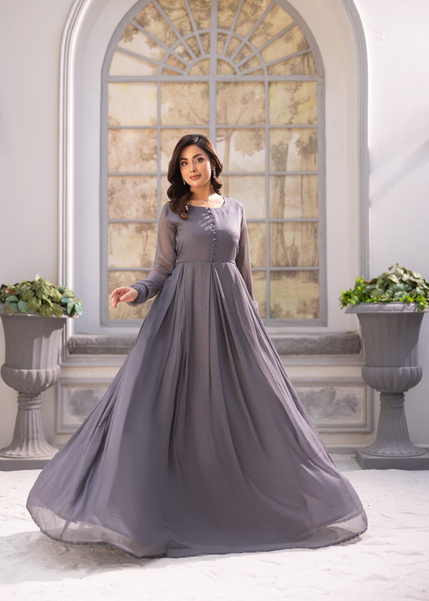 Chiffon Dark Grey Partywear Kurta and Trouser Online in Dubai UAE Abudhabi Ajman Sharjah
