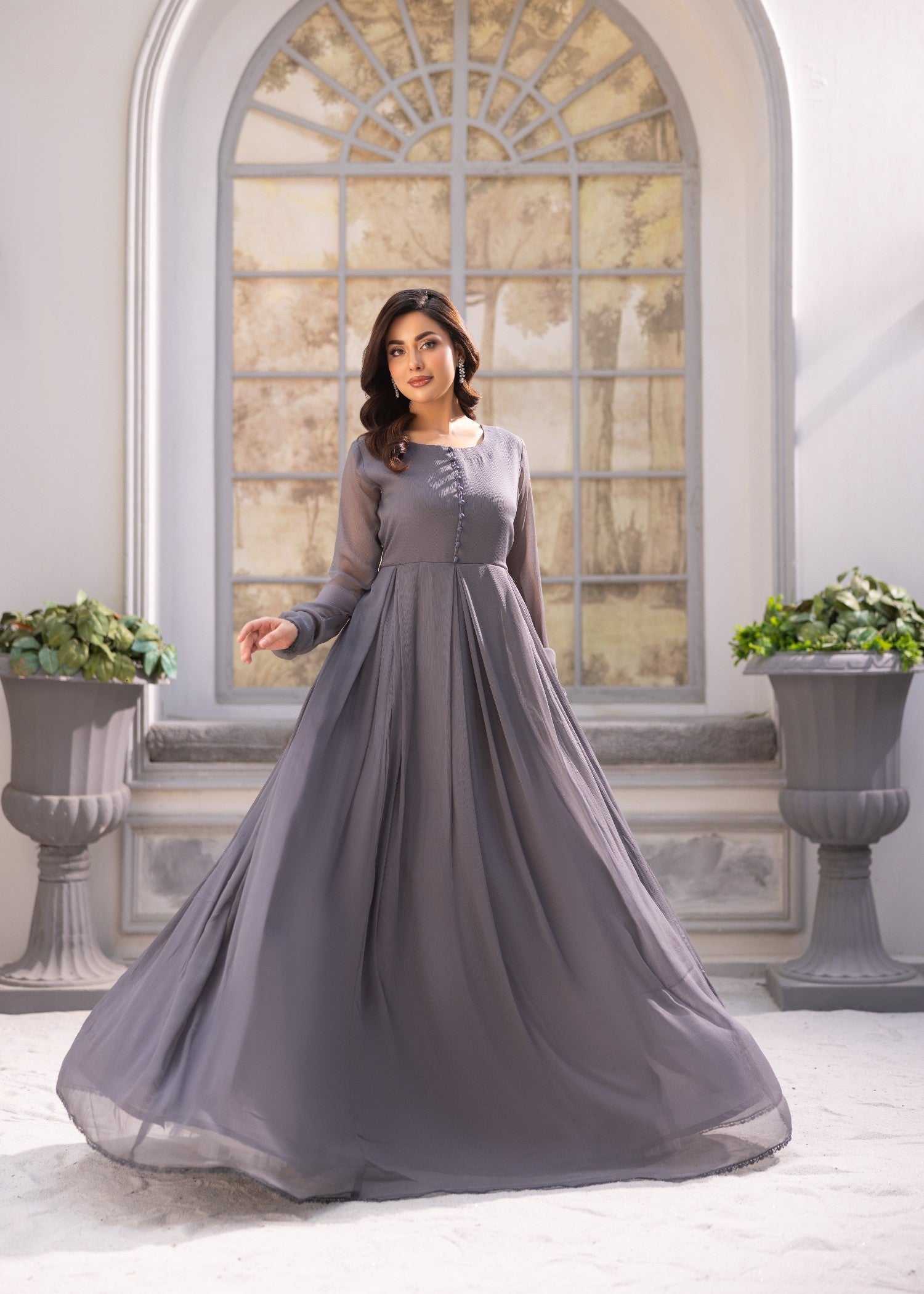 Chiffon Dark Grey Partywear Kurta and Trouser Online in Dubai UAE Abudhabi Ajman Sharjah