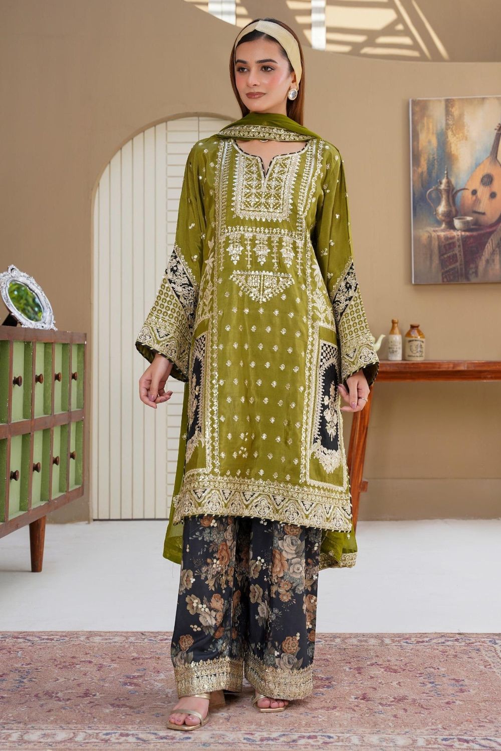 Embroidered Silk Pakistani Suit with Chiffon Dupatta Online in Dubai UAE Abudhabi Ajman Sharjah