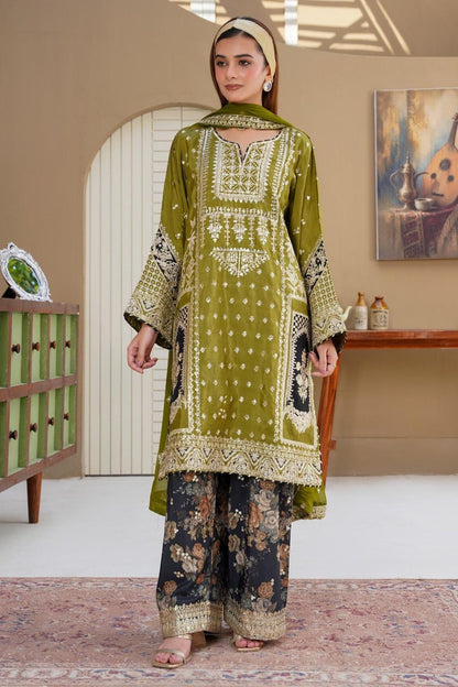 Embroidered Silk Pakistani Suit with Chiffon Dupatta Online in Dubai UAE Abudhabi Ajman Sharjah