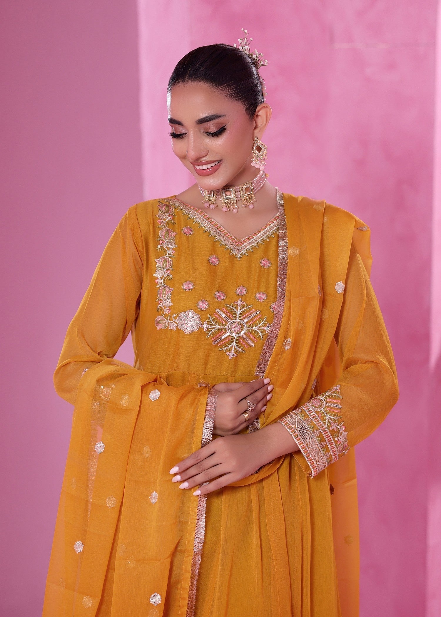 Chiffon Embellished Mustard Flared Pishwas Online in Dubai DXB UAE Abudhabi Meena Bazaar