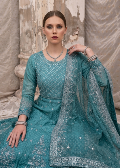 Chiffon Embroidered Aqua Partywear Suit Online in Dubai UAE Abudhabi Ajman Sharjah