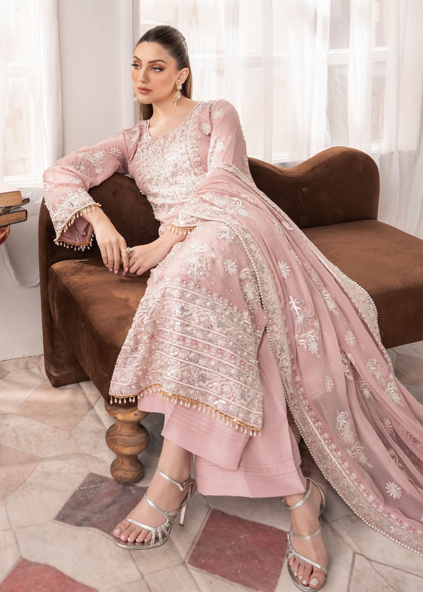 Chiffon Embroidered Blush Pink Ladies Suit Online in UK USA Canada
