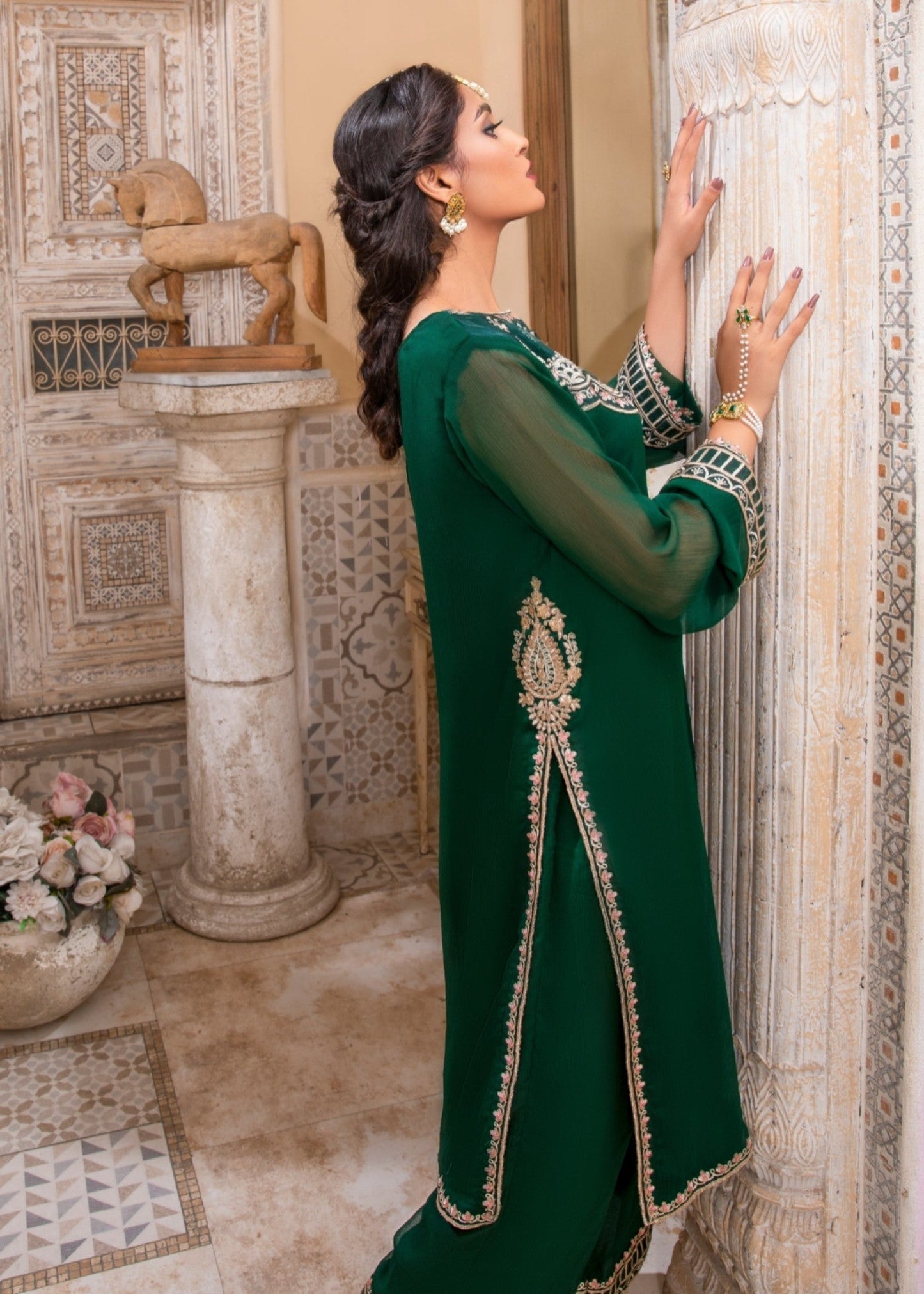 Chiffon Embroidered Bottle Green Pakistani Suit Online in UK USA Canada