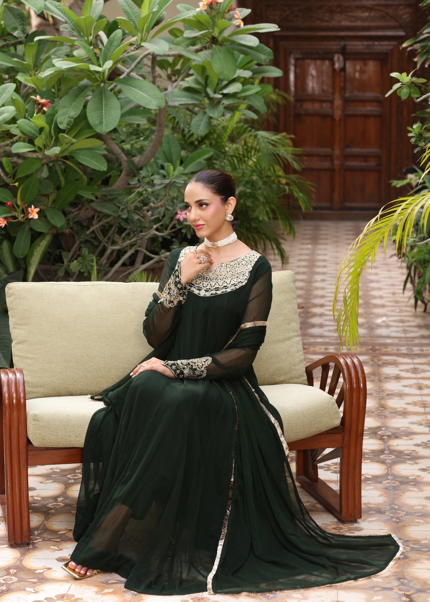 Chiffon Embroidered Dark Green Pishwas Suit Online in Sri Lanka India Australia