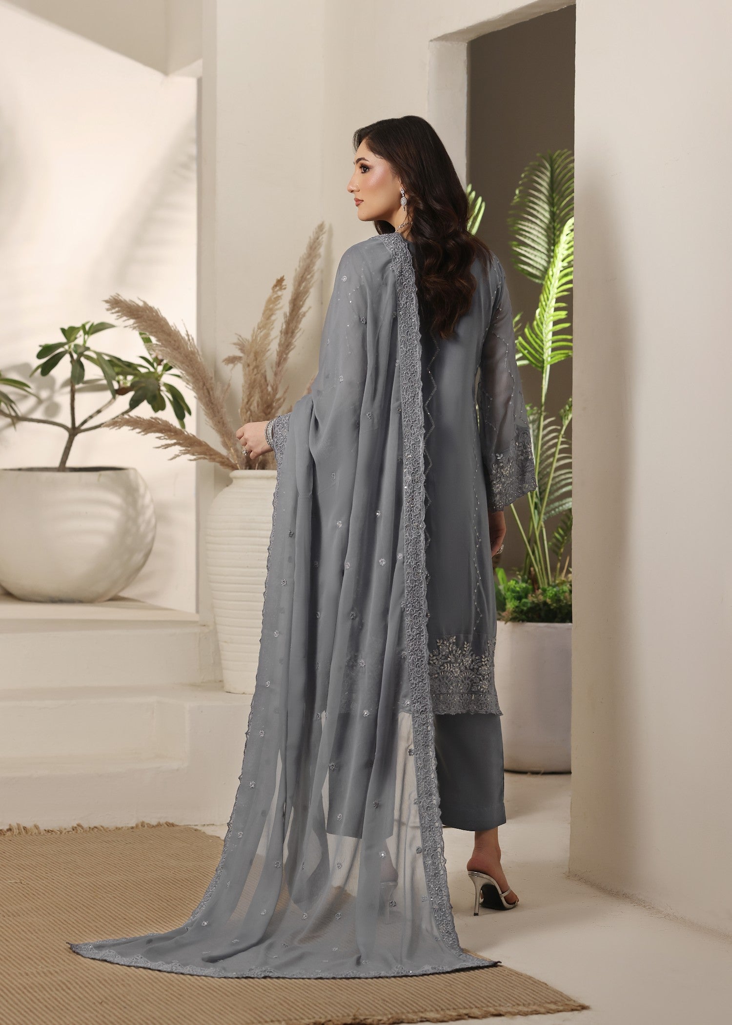 Chiffon Embroidered Grey Straight Cut Kurta Online in Dubai UAE Abudhabi Ajman Sharjah
