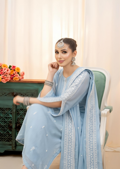 Chiffon Embroidered Light Blue Festive Suit Online in Dubai UAE Abudhabi Ajman Sharjah