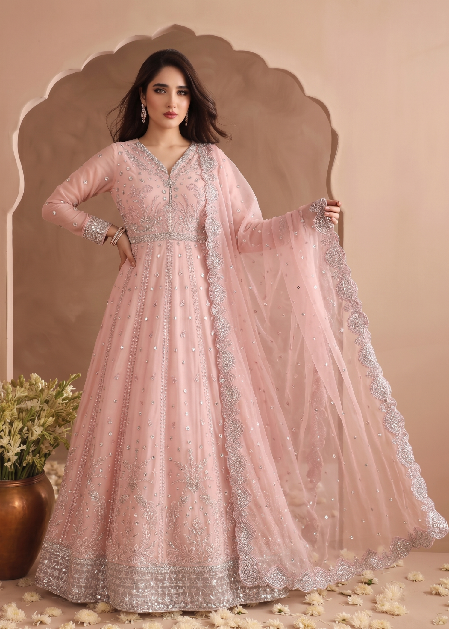 Chiffon Embroidered Maxi Dress with Straight Trouser Online in Sri Lanka India Australia