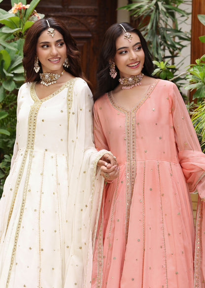 Chiffon Embroidered Melon Pink Pishwas Online in UK USA Canada