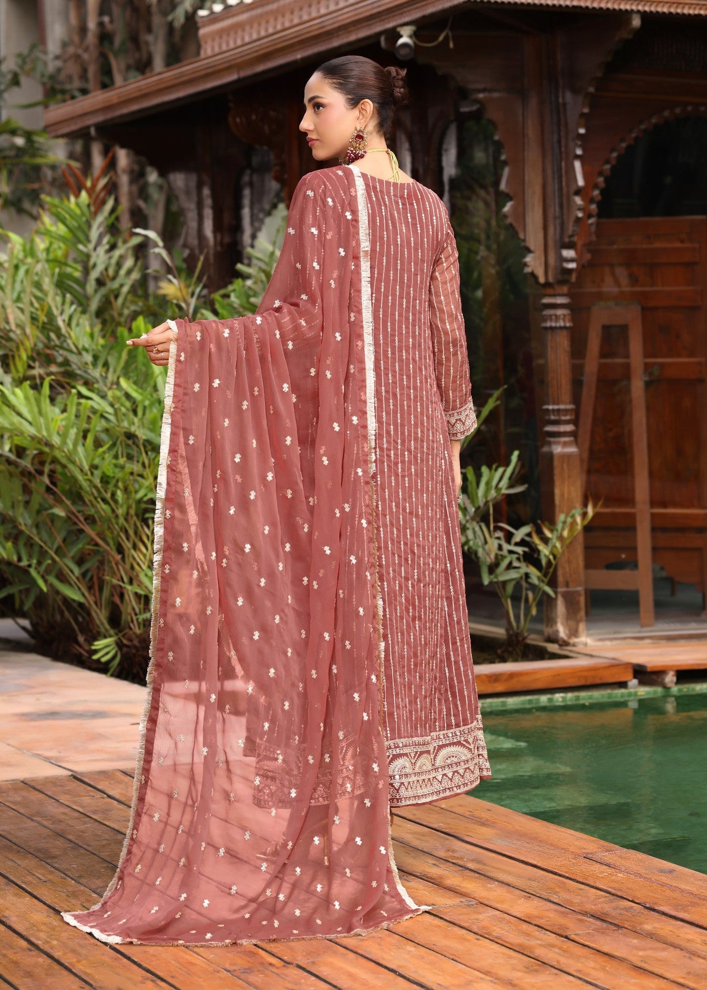 Chiffon Embroidered Melon Pink Salwar Kameez Online in Dubai UAE Abudhabi Ajman Sharjah