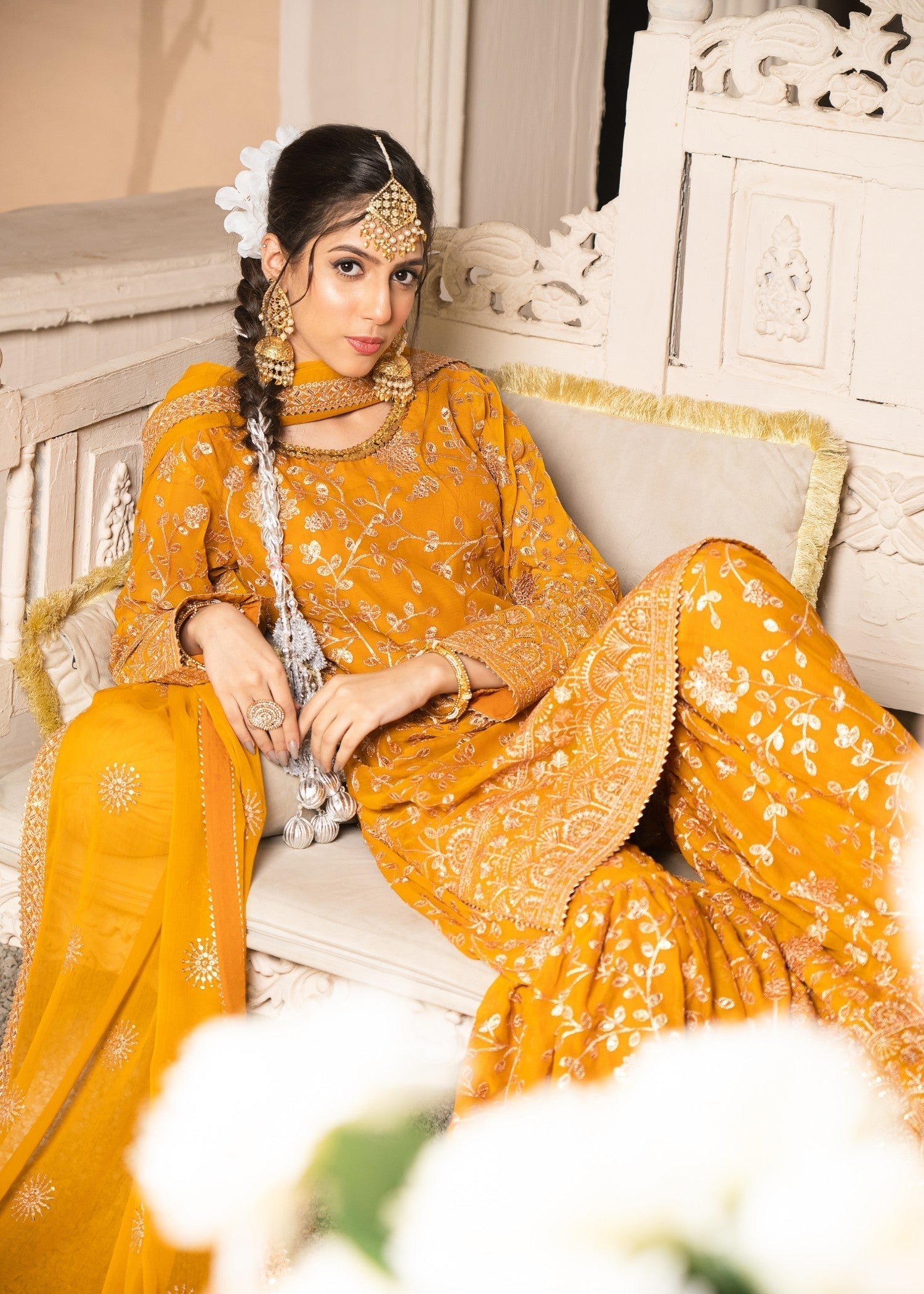 Chiffon Embroidered Mustard Gharara Ensemble Online in UK USA Canada