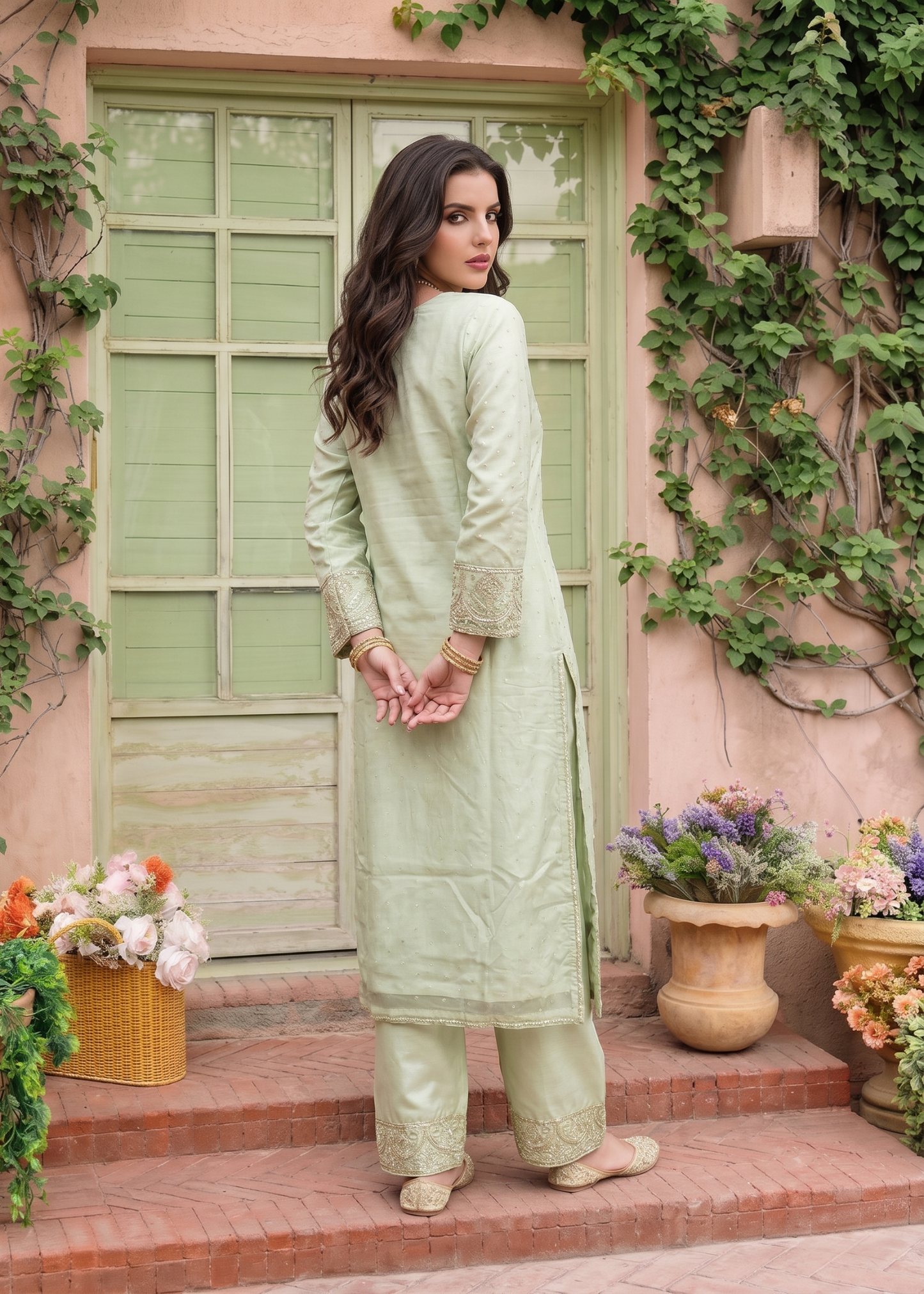 Chiffon Embroidered Pistachio Green Party Wear Suit Online in Sri Lanka India Australia