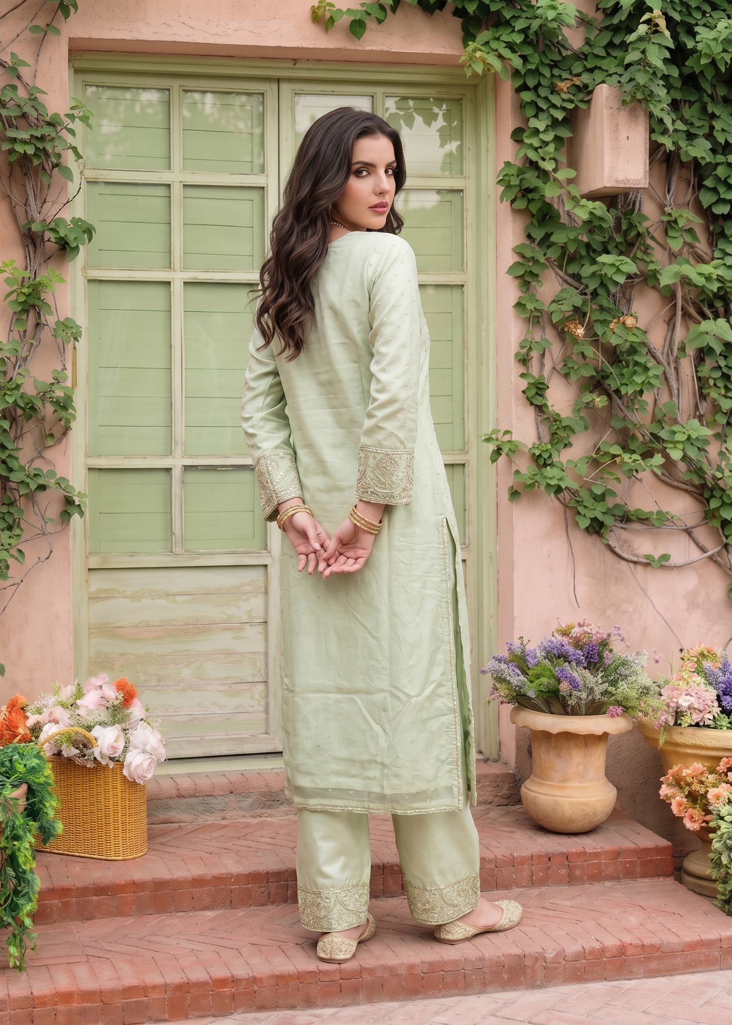 Chiffon Embroidered Pistachio Green Party Wear Suit Online in Sri Lanka India Australia