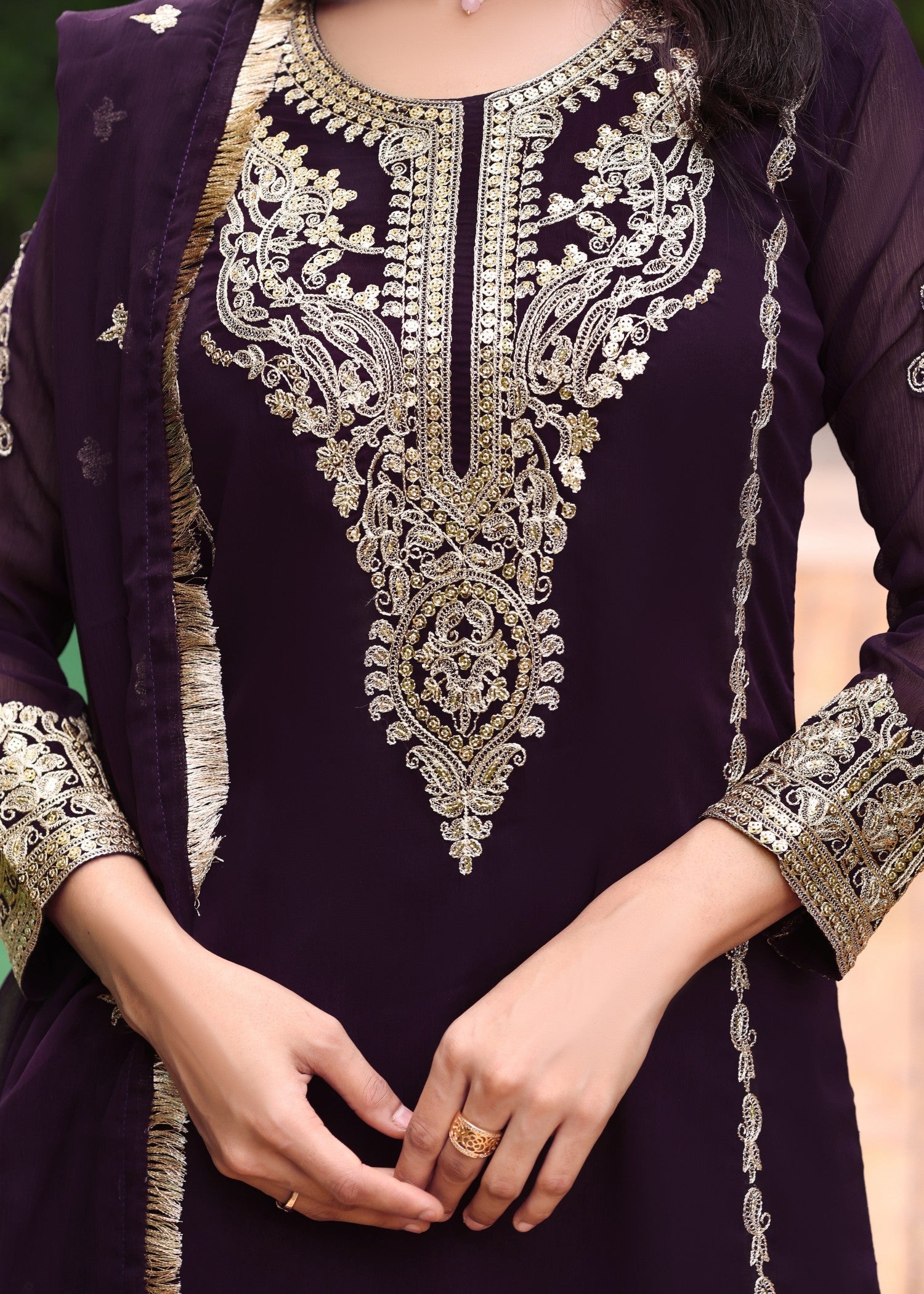 Chiffon Embroidered Purple Partywear Kurta Plazzo Online in KSA Riyadh Saudi Arabia Oman Bahrain Qatar