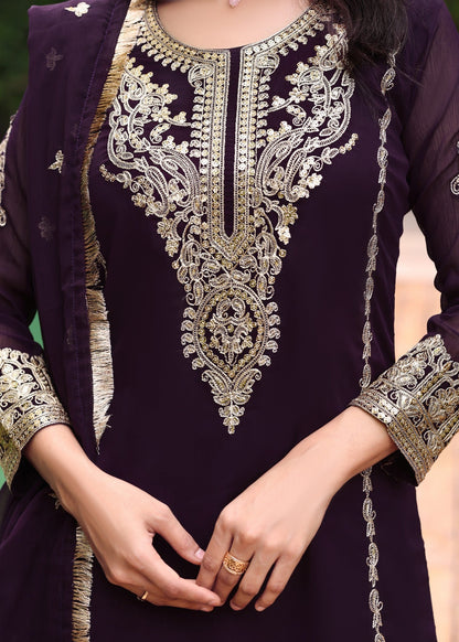 Chiffon Embroidered Purple Partywear Kurta Plazzo Online in KSA Riyadh Saudi Arabia Oman Bahrain Qatar