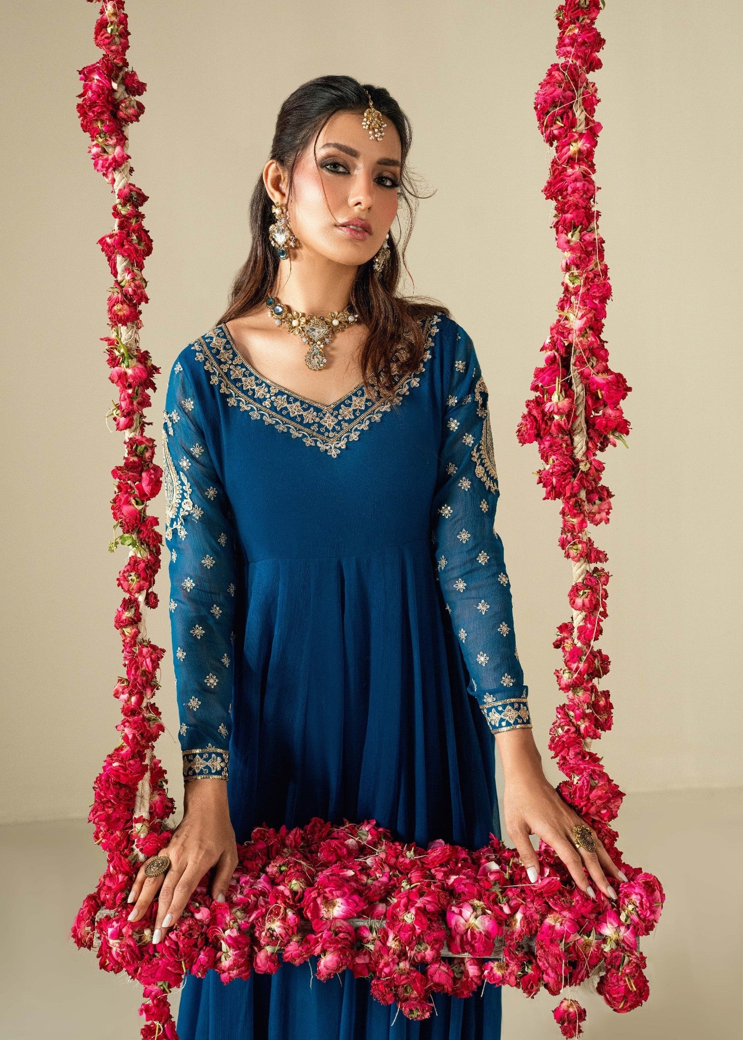 Chiffon Embroidered Sapphire Blue Maxi Dress Online in Dubai DXB UAE Abudhabi Meena Bazaar