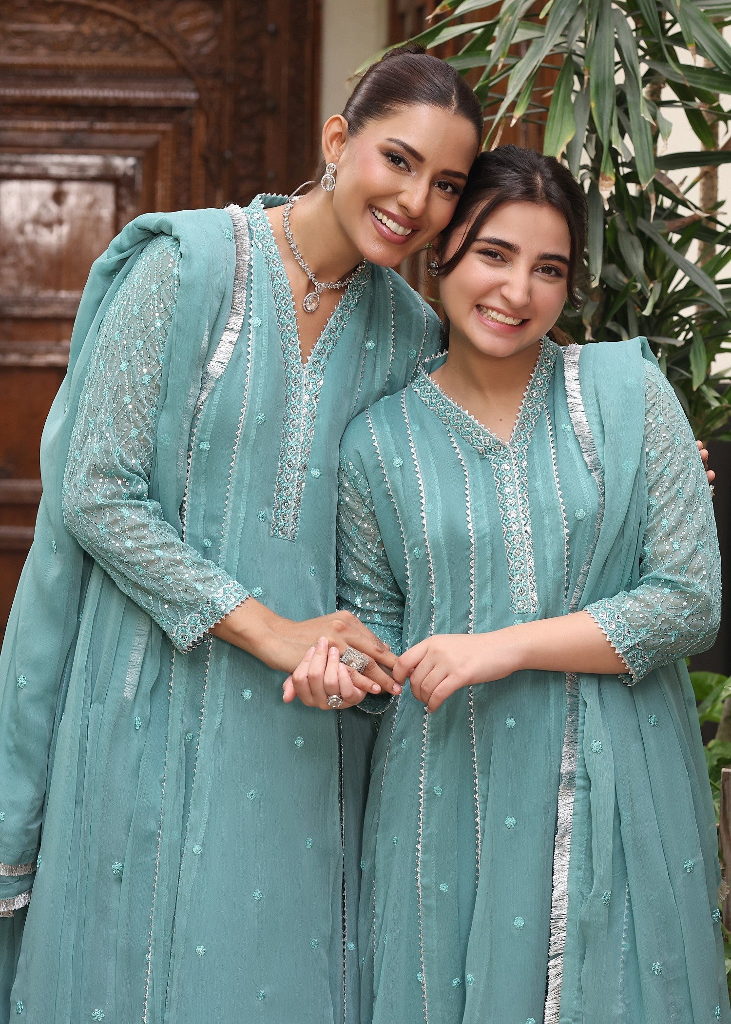 Chiffon Embroidered Sea Green 3 Piece Pishwas Set Online in Dubai DXB UAE Abudhabi Meena Bazaar