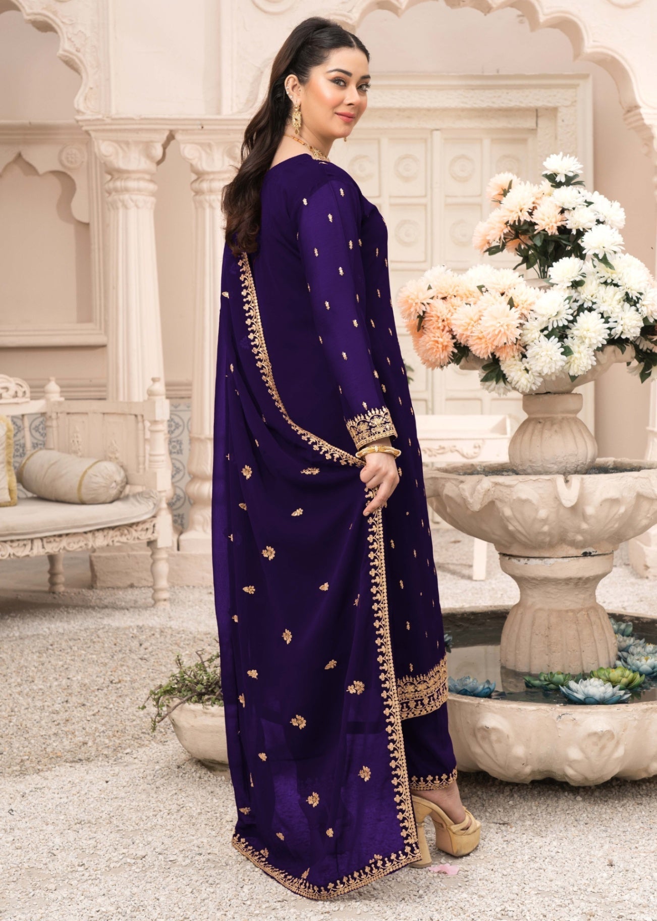 Chiffon Embroidered Straight Trouser Suit Online in Dubai UAE Abudhabi Ajman Sharjah