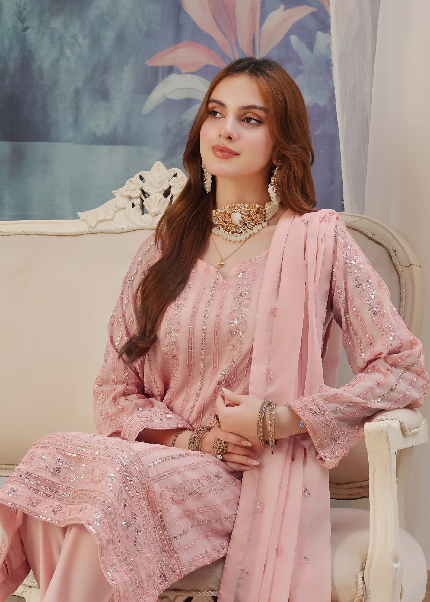Chiffon Embroidered Tea Rose Pink Kurta Pajama Online in Dubai UAE Abudhabi Ajman Sharjah