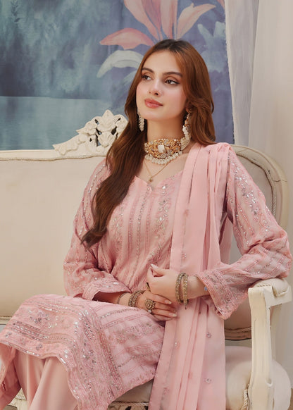 Chiffon Embroidered Tea Rose Pink Kurta Pajama Online in Dubai UAE Abudhabi Ajman Sharjah