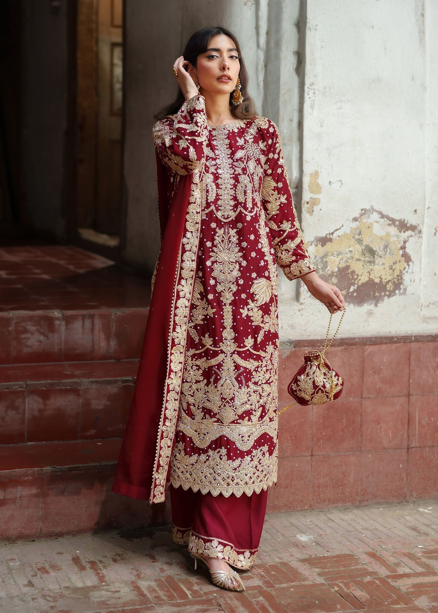 Chiffon Fire Red Kurta with Dupatta Online in Sri Lanka India Australia