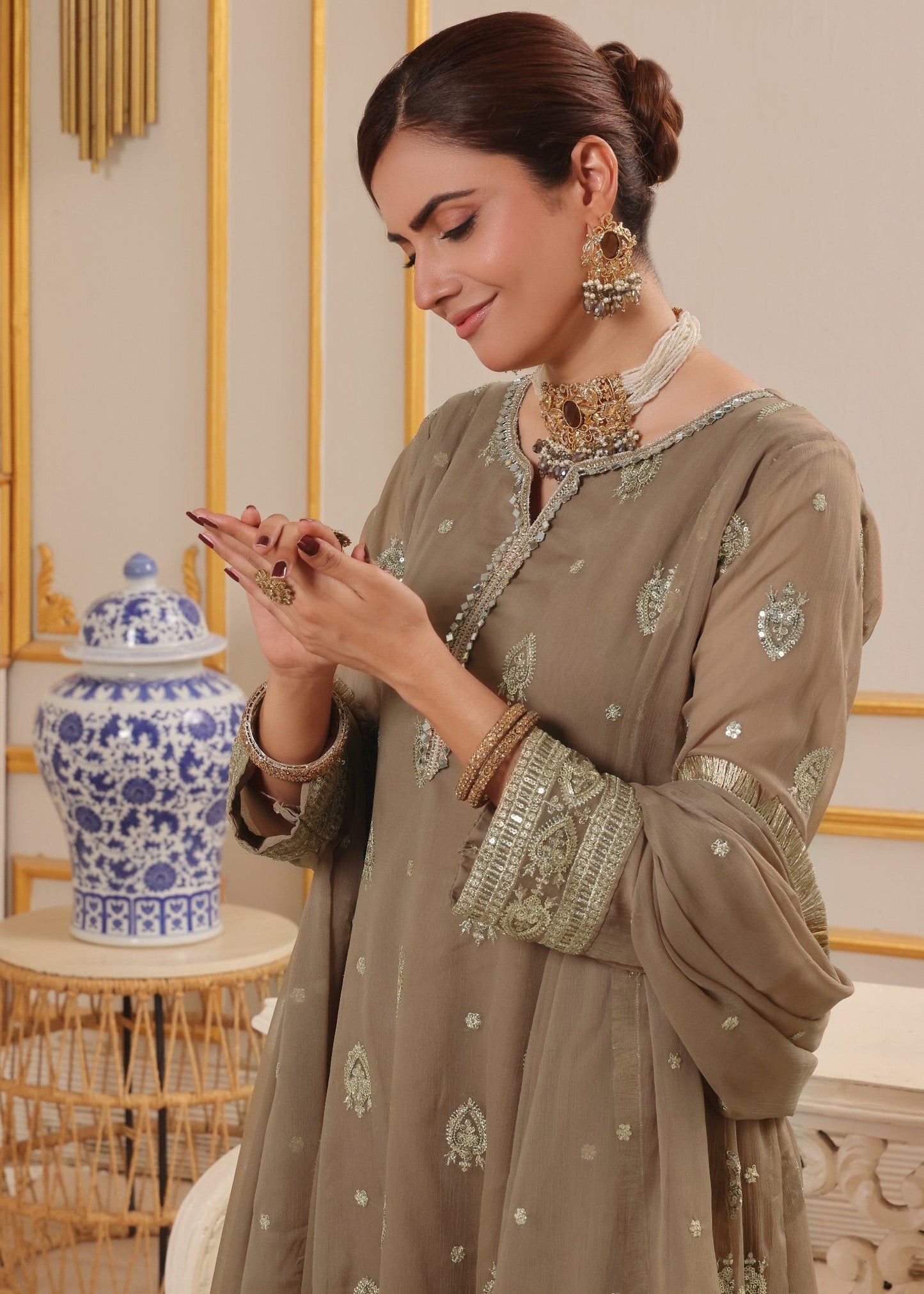 Chiffon Flared Pishwas with Embellished Dupatta Online in Sri Lanka India Australia