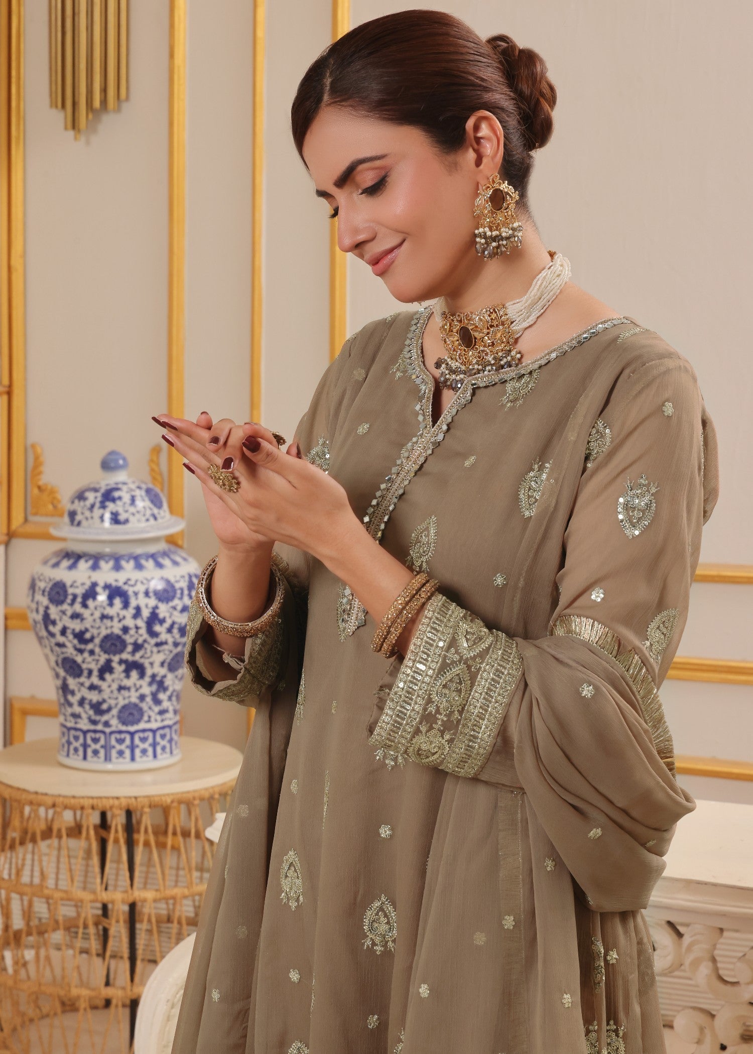 Chiffon Flared Pishwas with Embellished Dupatta Online in Sri Lanka India Australia