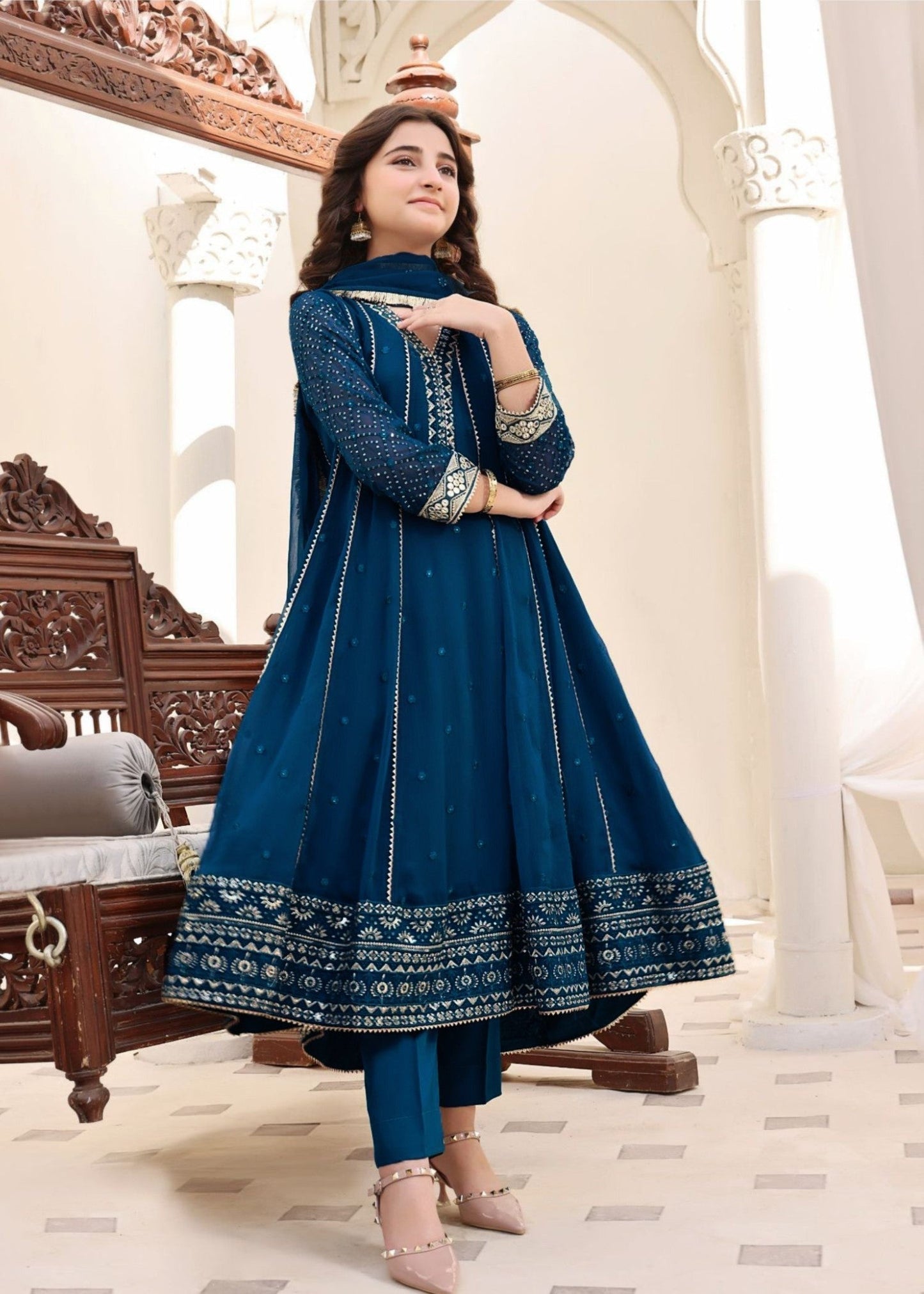 Chiffon Kalidar Maxi Teal Embroidered Suit Online in Dubai DXB UAE Abudhabi Meena Bazaar