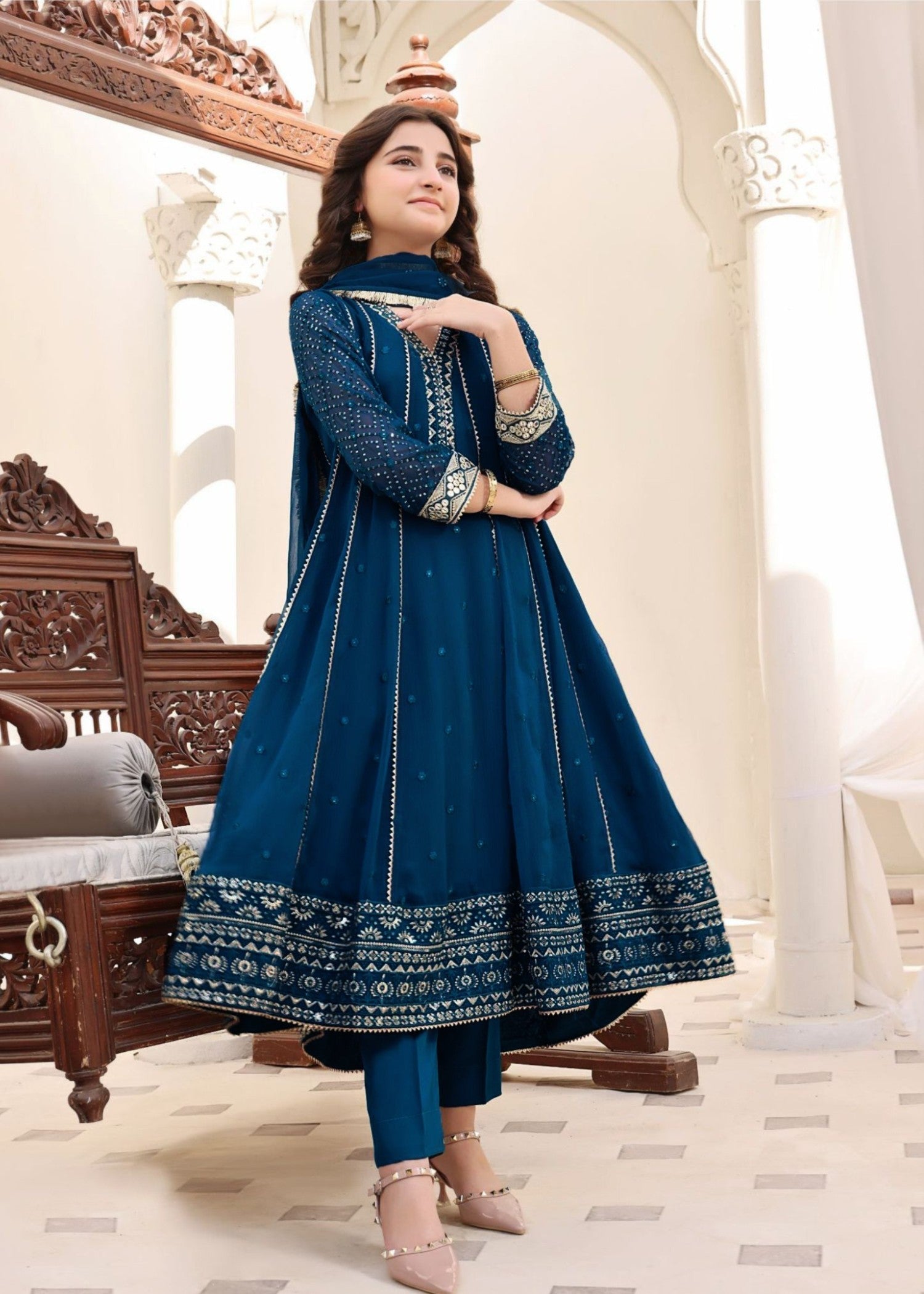 Chiffon Kalidar Maxi Teal Embroidered Suit Online in Dubai DXB UAE Abudhabi Meena Bazaar