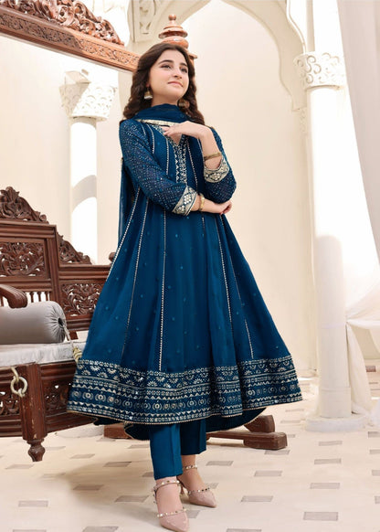 Chiffon Kalidar Maxi Teal Embroidered Suit Online in Dubai DXB UAE Abudhabi Meena Bazaar