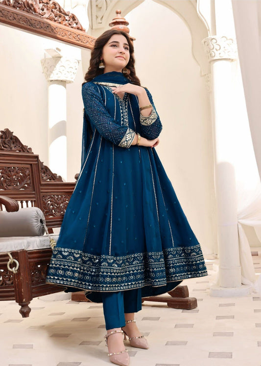 Chiffon Kalidar Maxi Teal Embroidered Suit Online in Dubai DXB UAE Abudhabi Meena Bazaar