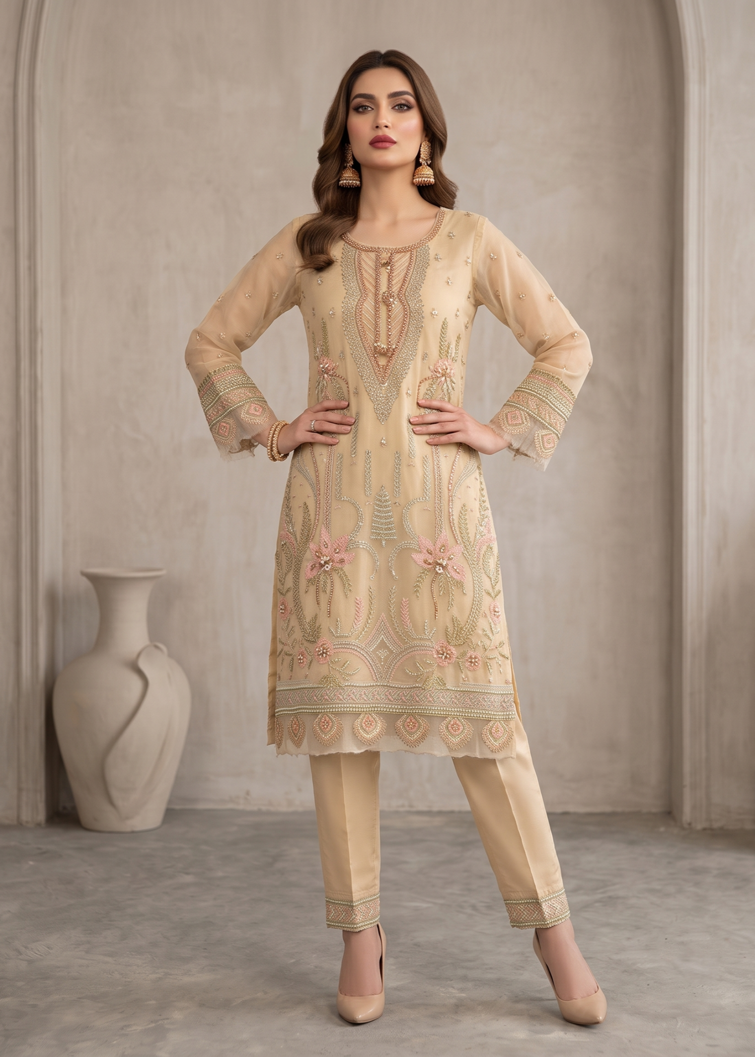 Chiffon Lemon Embroidered Organza Festive Wear Online in Dubai UAE Abudhabi Ajman Sharjah