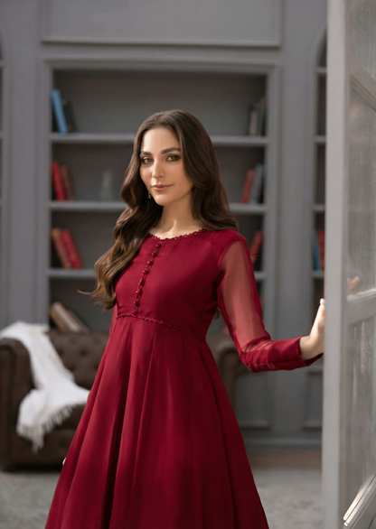 Chiffon Maroon Designer Kurta Set Online in KSA Riyadh Saudi Arabia Oman Bahrain Qatar