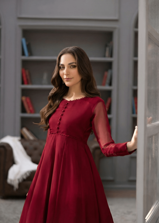 Chiffon Maroon Designer Kurta Set Online in KSA Riyadh Saudi Arabia Oman Bahrain Qatar