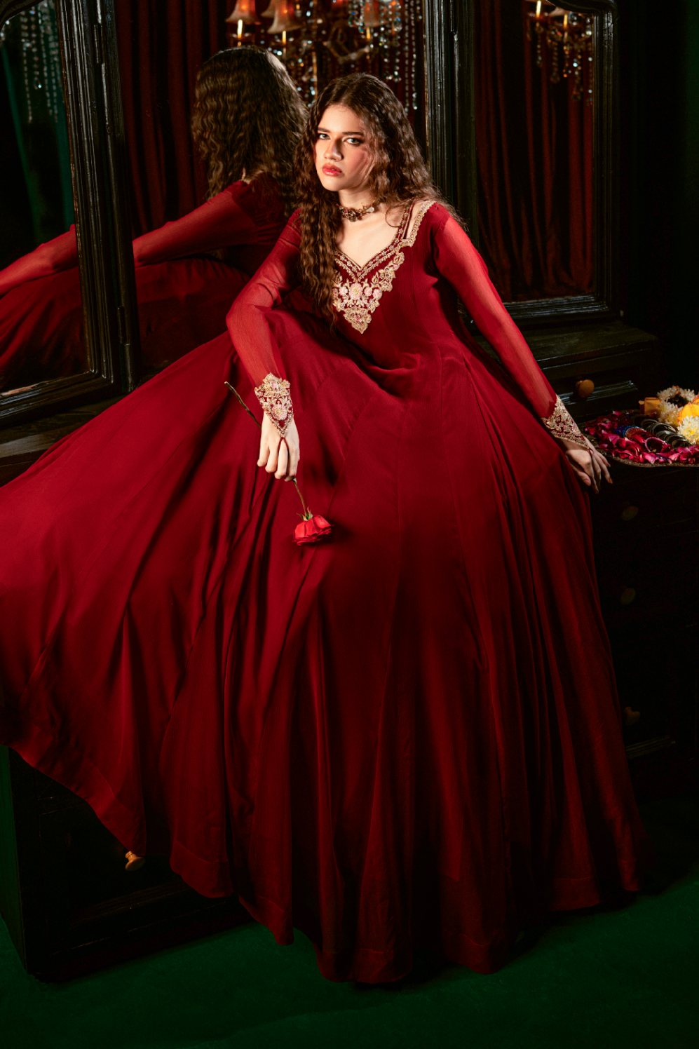 Chiffon Maroon Embellished Ladies Suit Online in UK USA Canada