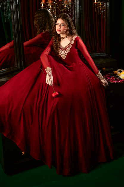 Chiffon Maroon Embellished Ladies Suit Online in UK USA Canada