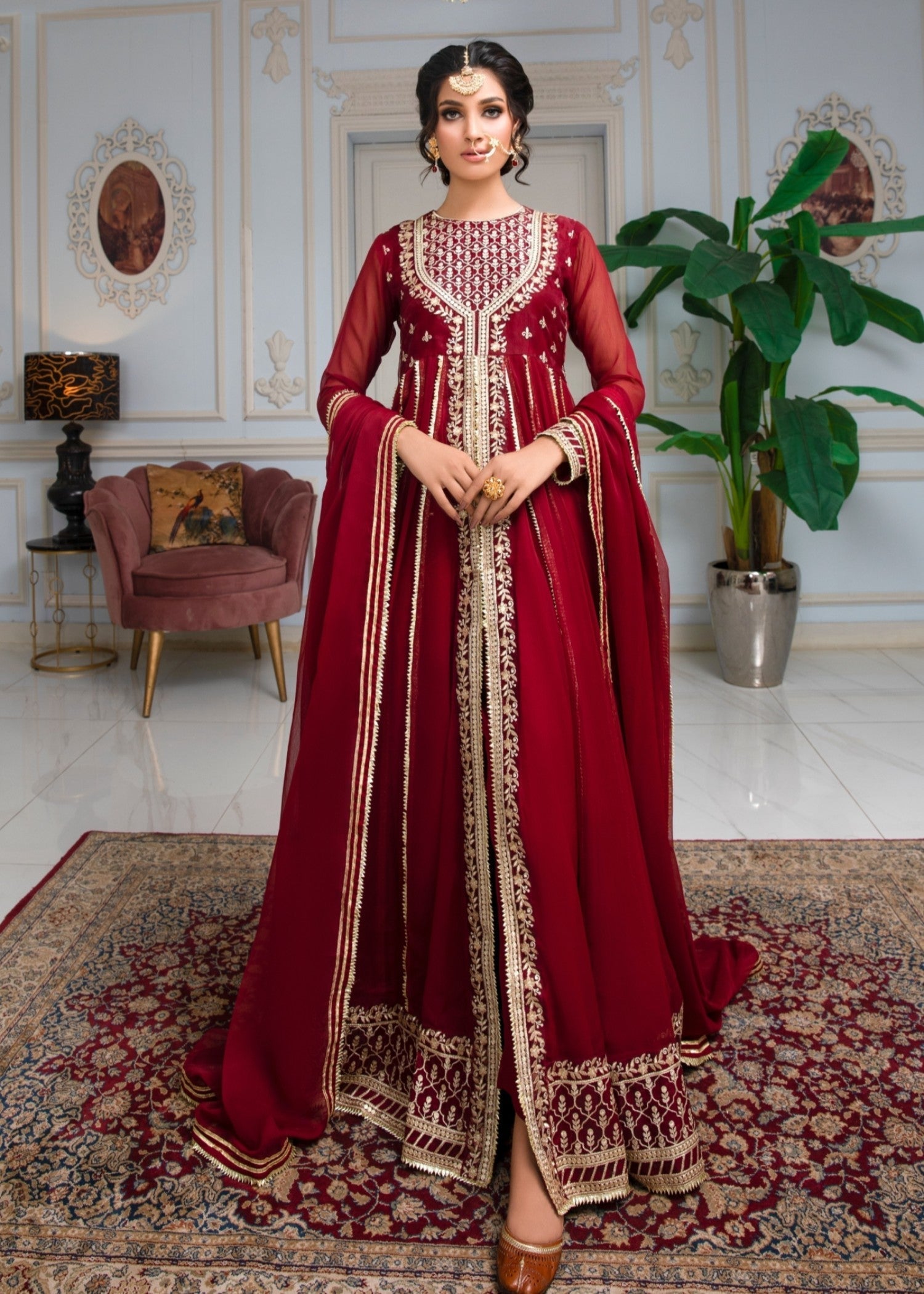 Chiffon Maroon Embroidered Ladies Suit Online in UK USA Canada