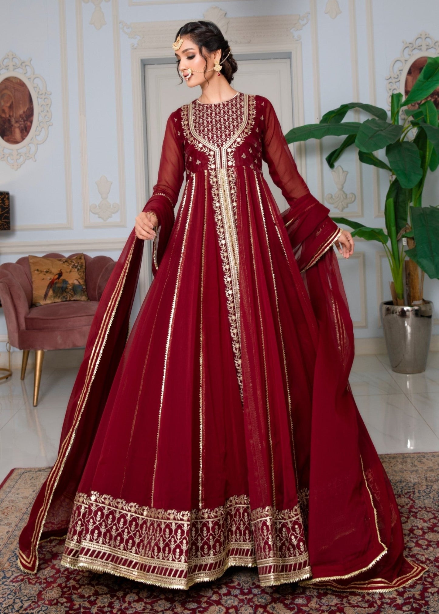 Chiffon Maroon Embroidered Maxi Dress Online in Sri Lanka India Australia