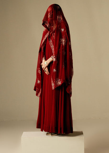 Chiffon Maroon Embroidered Partywear Maxi Online in KSA Riyadh Saudi Arabia Oman Bahrain Qatar