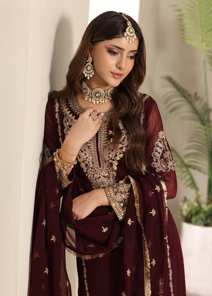 Chiffon Maroon Embroidered Partywear Salwar Kameez Online in KSA Riyadh Saudi Arabia Oman Bahrain Qatar